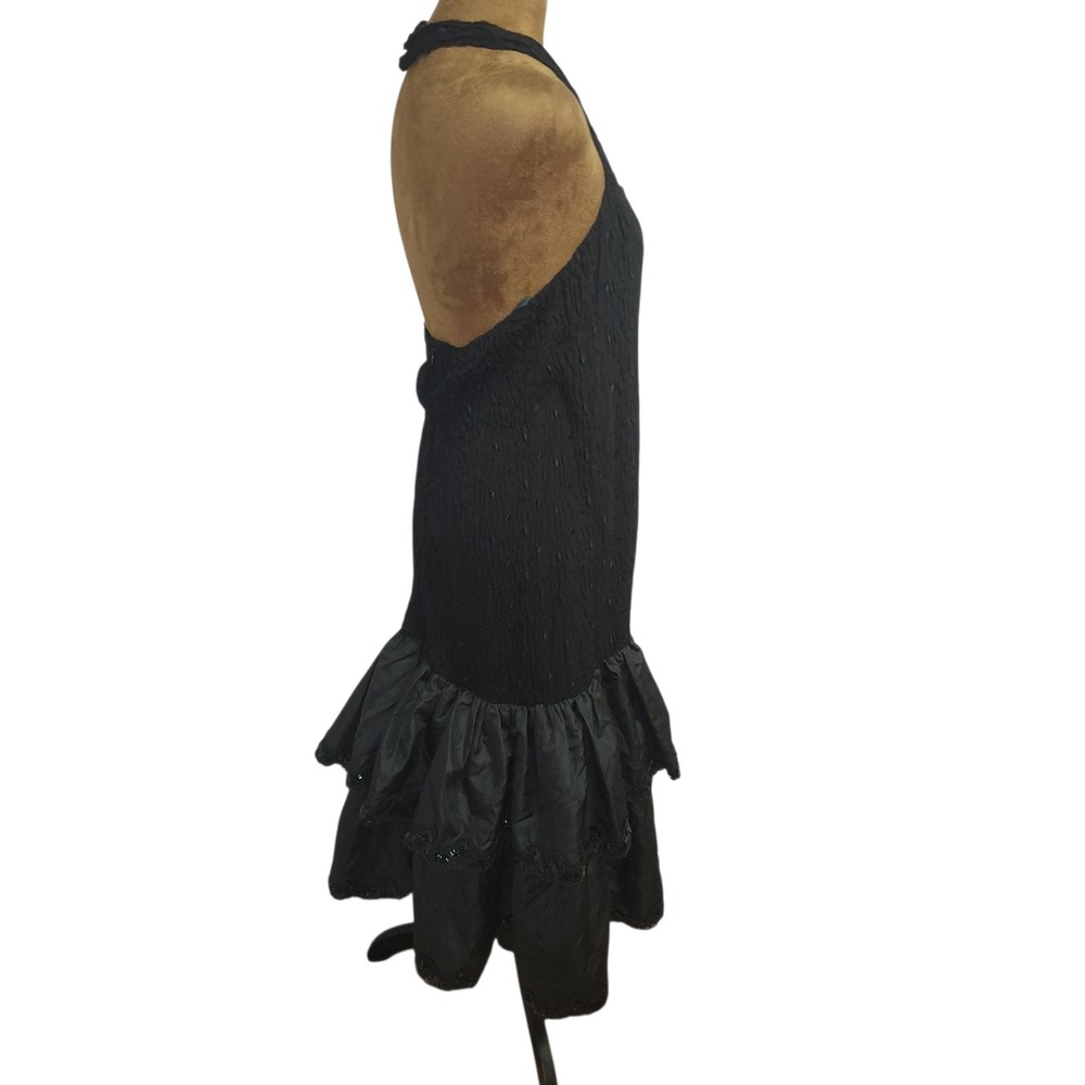 Vintage 80s Drop Waist Midi Dress Black Formal Sequin Flare Size M Halter - Picture 4 of 6
